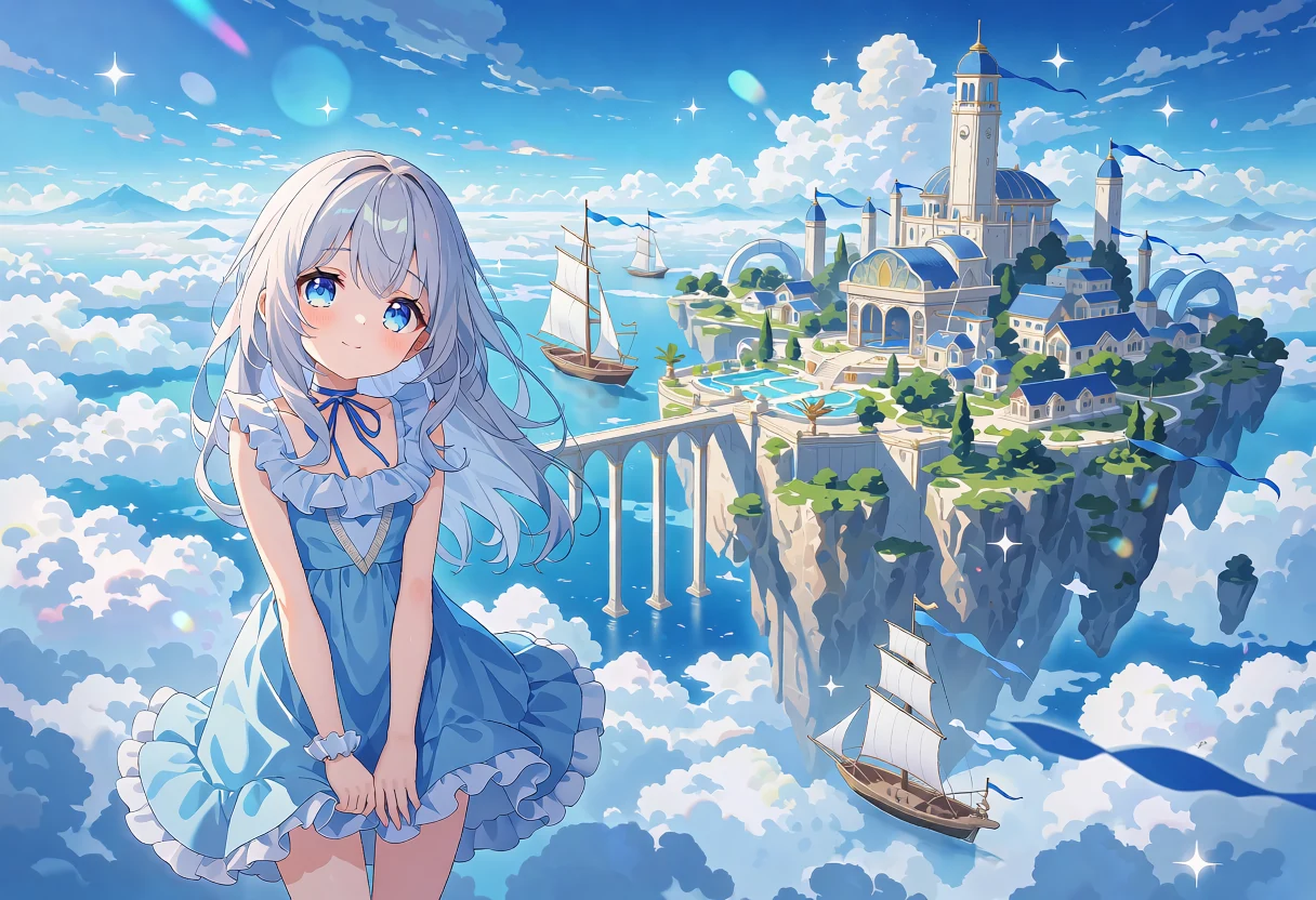 Anime artwork of Aelvara, a blue and white city floating among clouds